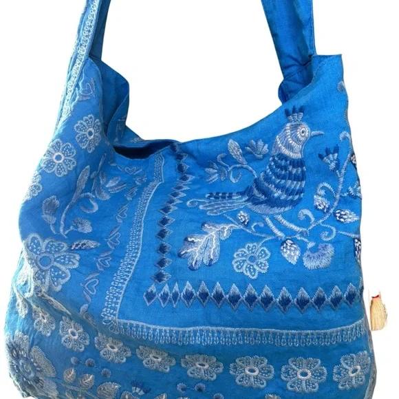 JOHNNY WAS Yadira Wide Strap Linen Tote Bag DVA Blue Embroidered Elephant NWT - Picture 7 of 11
